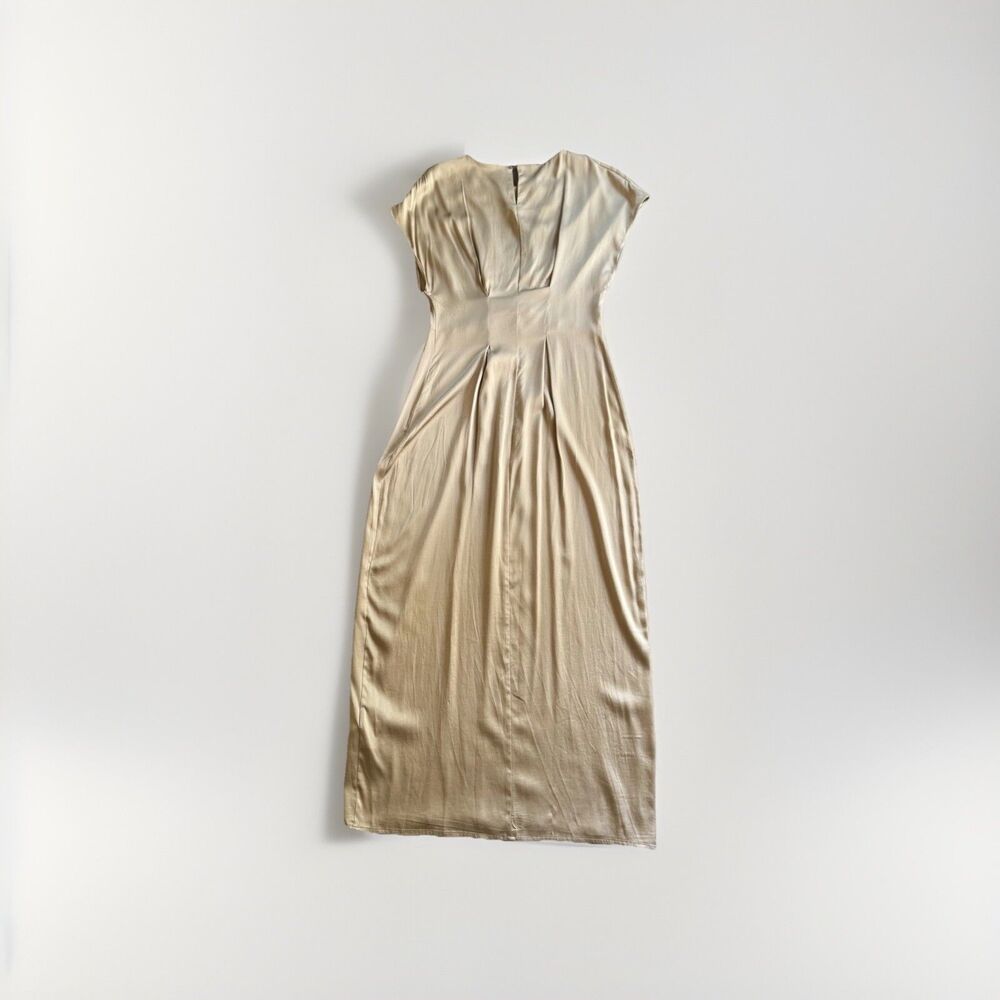 Golden-Beige Satin-like Midi V-neckline Short Sleeves Stretch Dress Sz XS Fits S - Picture 3 of 16